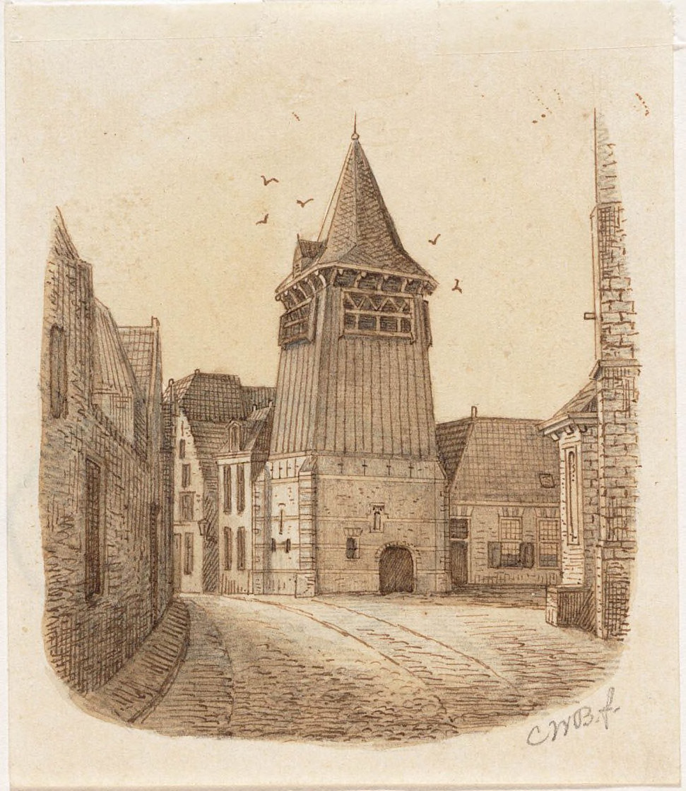 De klokkentoren gezien naast de Grote Kerk . Tekening gemaakt door Bruinvis
