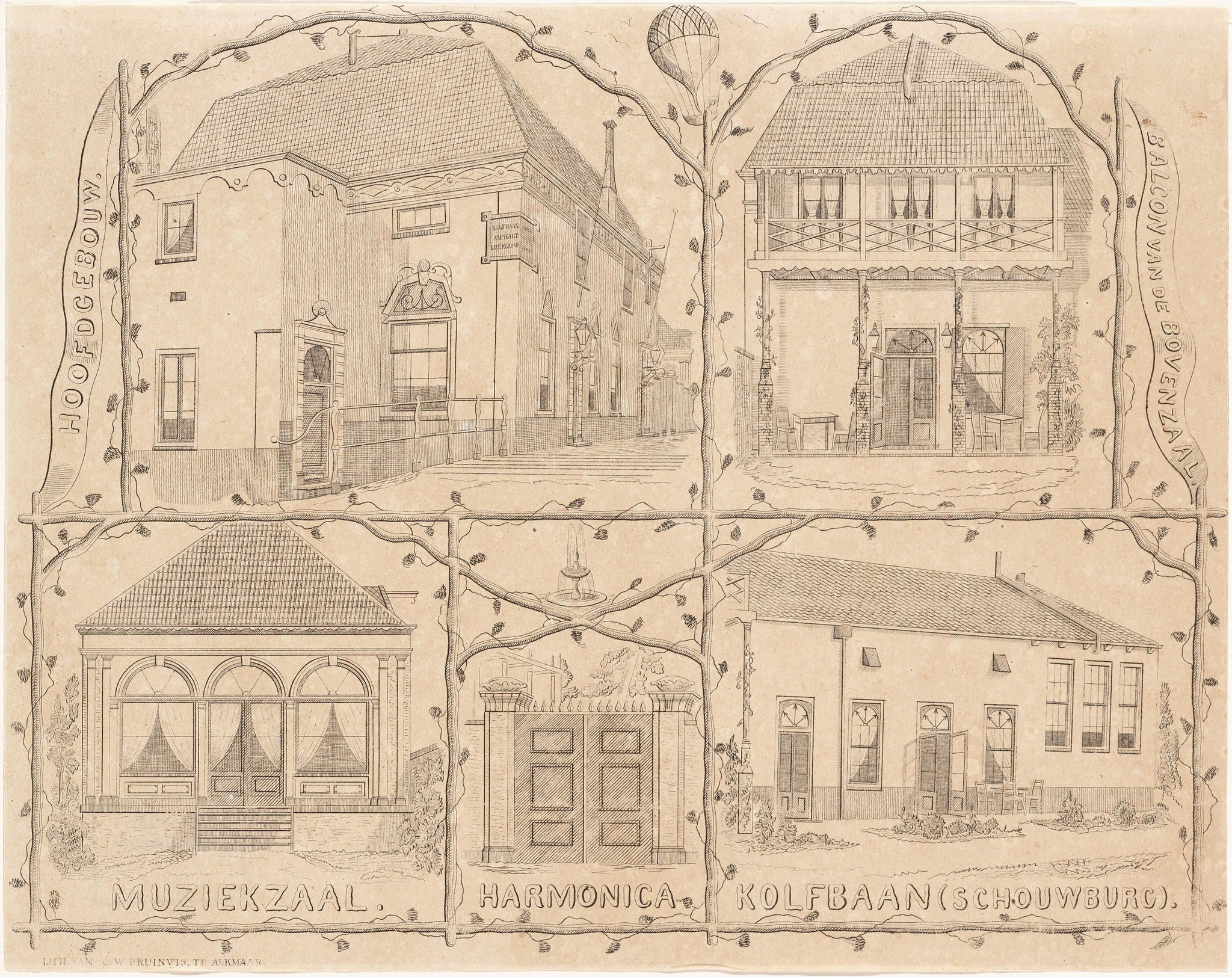 Het gebouw van Harmonica in 1857, tekening gemaakt door Bruinvis