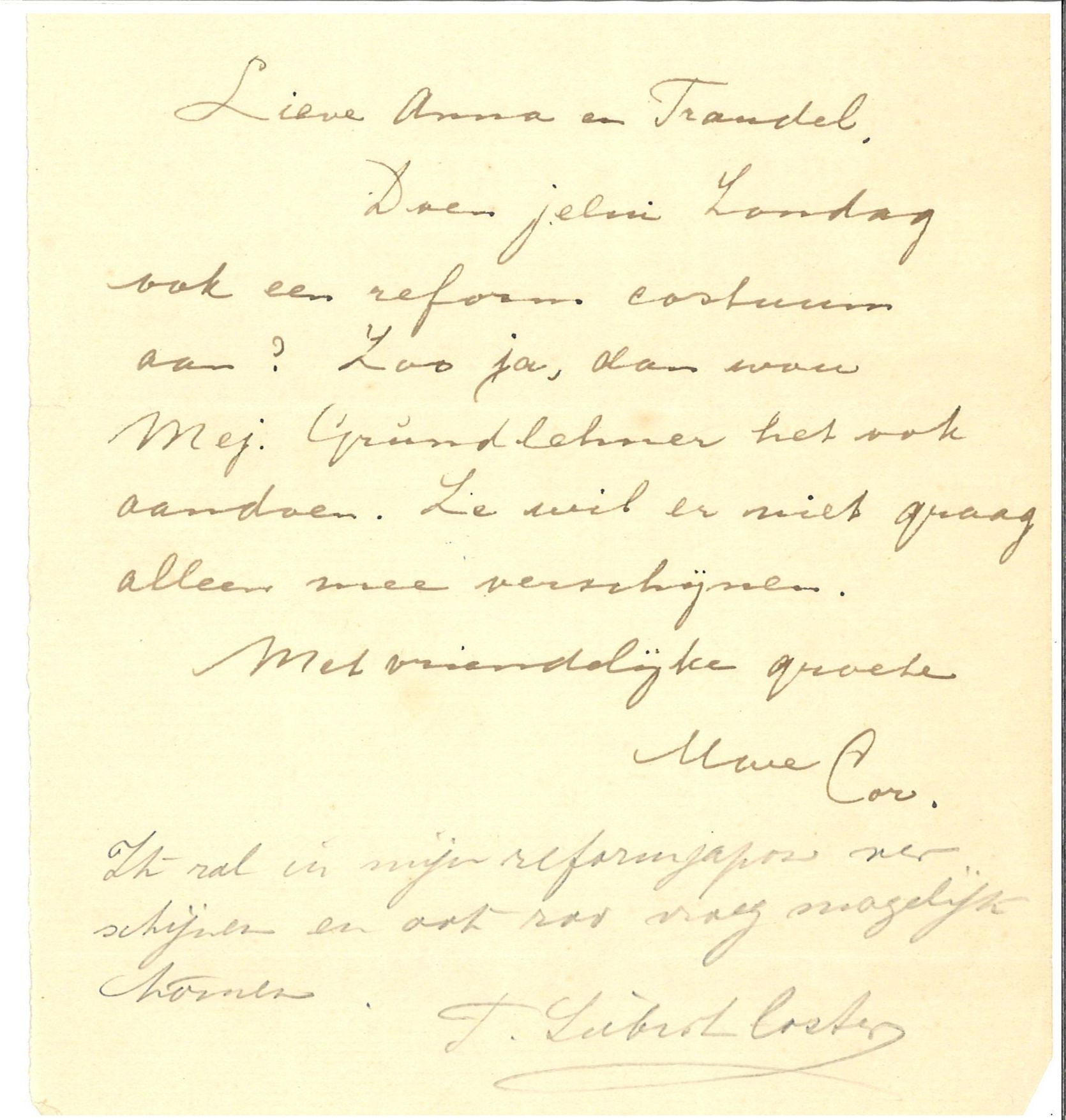 Briefje van Cornelia De Lange Tigler Wijbrandi aan medebestuursleden