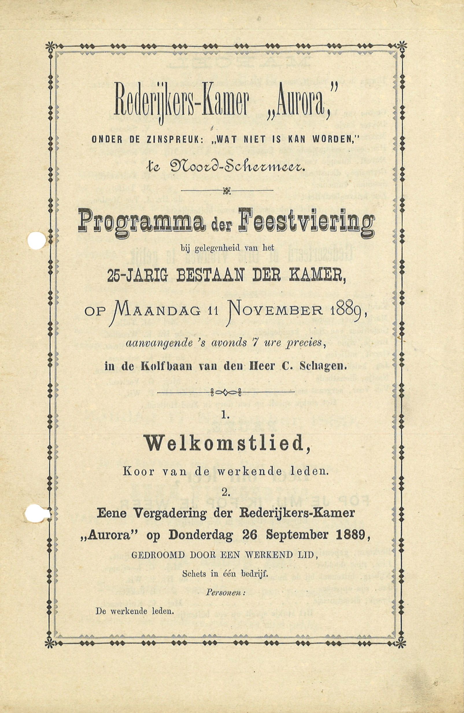 Voorpagina programma 25 jarig jubileum Rederijkerskamer Aurora 1889