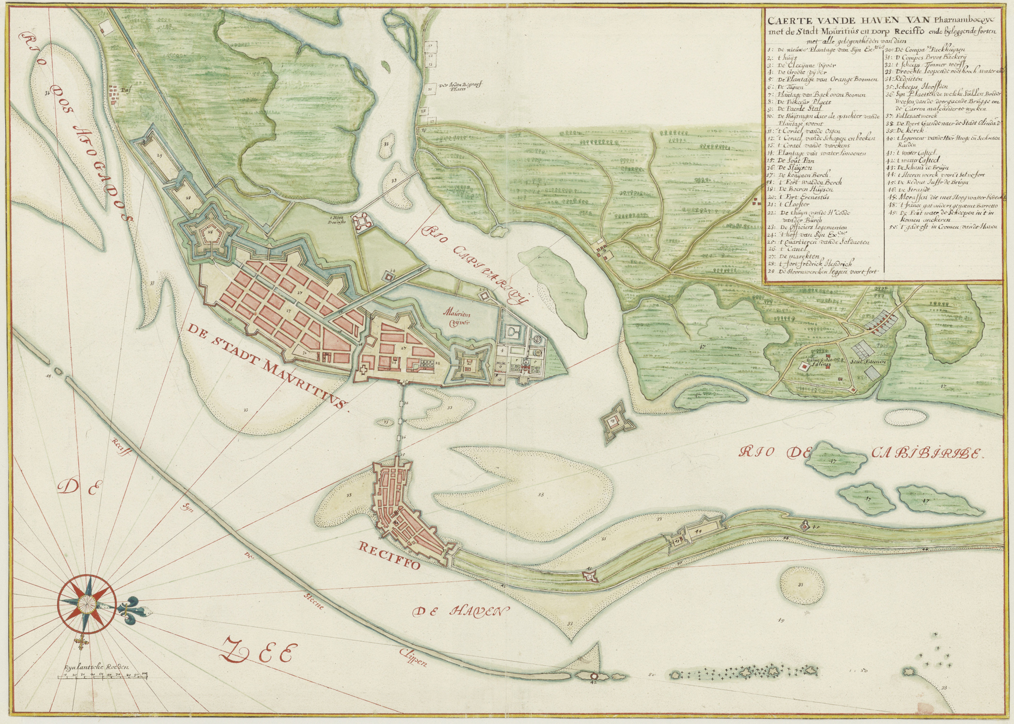 Kaart uit 1665 van de haven van Pernambuco met de stad Mauritius en het dorp Reciffe.