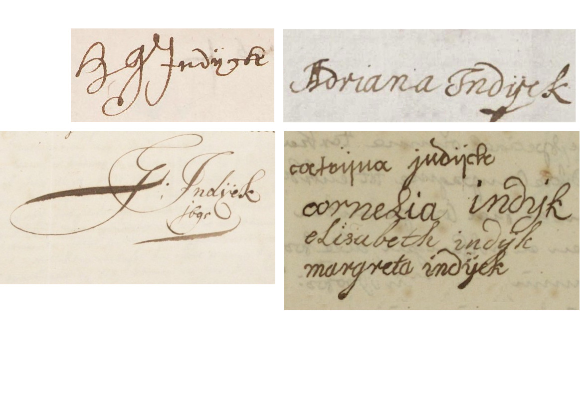 Collage handtekeningen. Van linksboven met de klok mee: Hendrik Indijck (handtekening uit 1639), Adriana Indijck (uit 1670), de vier nog levende kinderen van Gerrit in 1728 (Catrijna, Cornelia, Elisabeth en Margreta) en Gerrit Indijck (uit 1695).