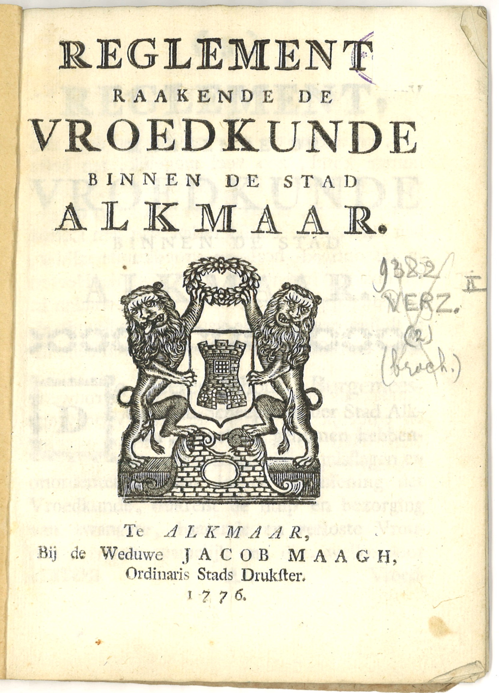 Reglement vroedkunde Alkmaar 1776